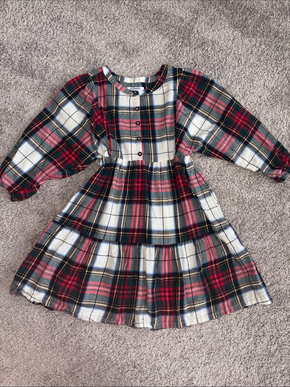 Old Navy Red, Green & Cream Plaid Tiered Dress Girls Large 10-12.